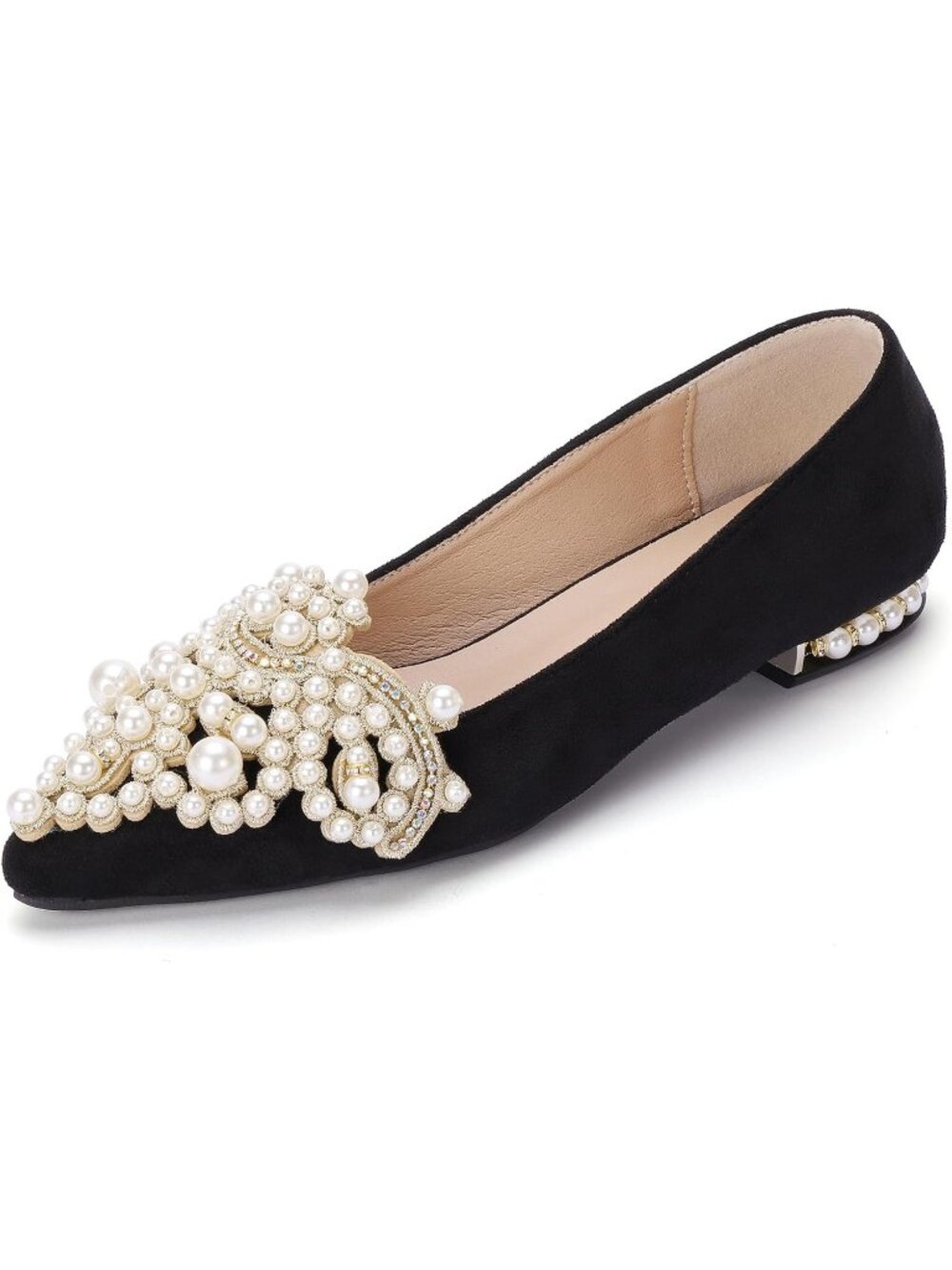 👑Women's Black Rhinestone Pointed Flat Shoes  Low Heel Wedding Dress Shoes